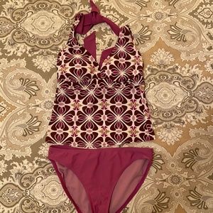 Athleta Tankini Swim Set Sz Medium Purple, Brown & White.